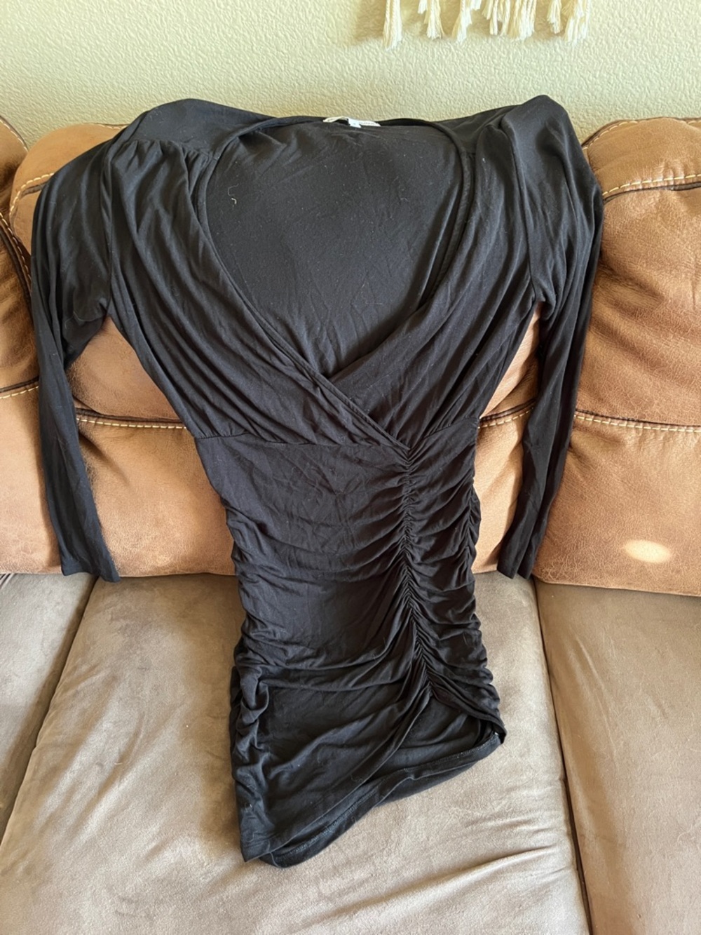 Express Black Long Sleeve Ruched V-Neck Mini Dress